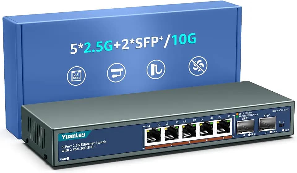 7 Port 2.5G Unmanaged Ethernet Switch, 5 x 2.5G Base-T Ports, 2 x 10G SFP, Compatible with 100/1000/2500Mbps, VLAN, Fanless, Desktop/Wall Mount YuanLey 2.5Gbe Network Switch for Wireless AP, NAS, PC