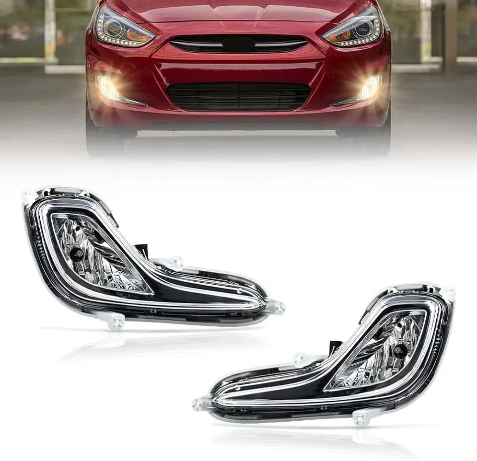 Fog Light Assembly Compatible with Hyundai Accent 2012-2017, Driver & Passenger Side Bumper Lamp with Halogen Bulbs Clear Lens Chrome Housing, OEM# 922011R010 922021R000, 1 Pair