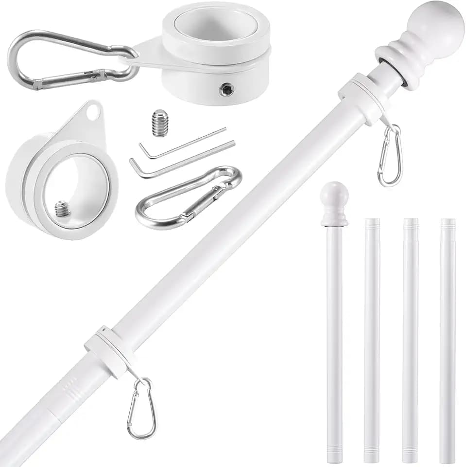 BONWIN White Flag Pole Kit for House, 5 FT Thickened Stainless Steel Outside Wall Mount Flagpole for 3x5' American Flag with 1" Tangle Free 360° Rotating Flag Pole Rings Hardware for Porch Residential