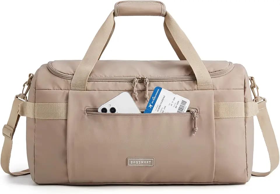 BAGSMART Travel Duffel Bags with Dividers, 32L Gym Duffle Bag with Laptop Compartment, Carry On Weekender Overnight Bag, Shoe Bag, PVC Wet Pocket, Brown