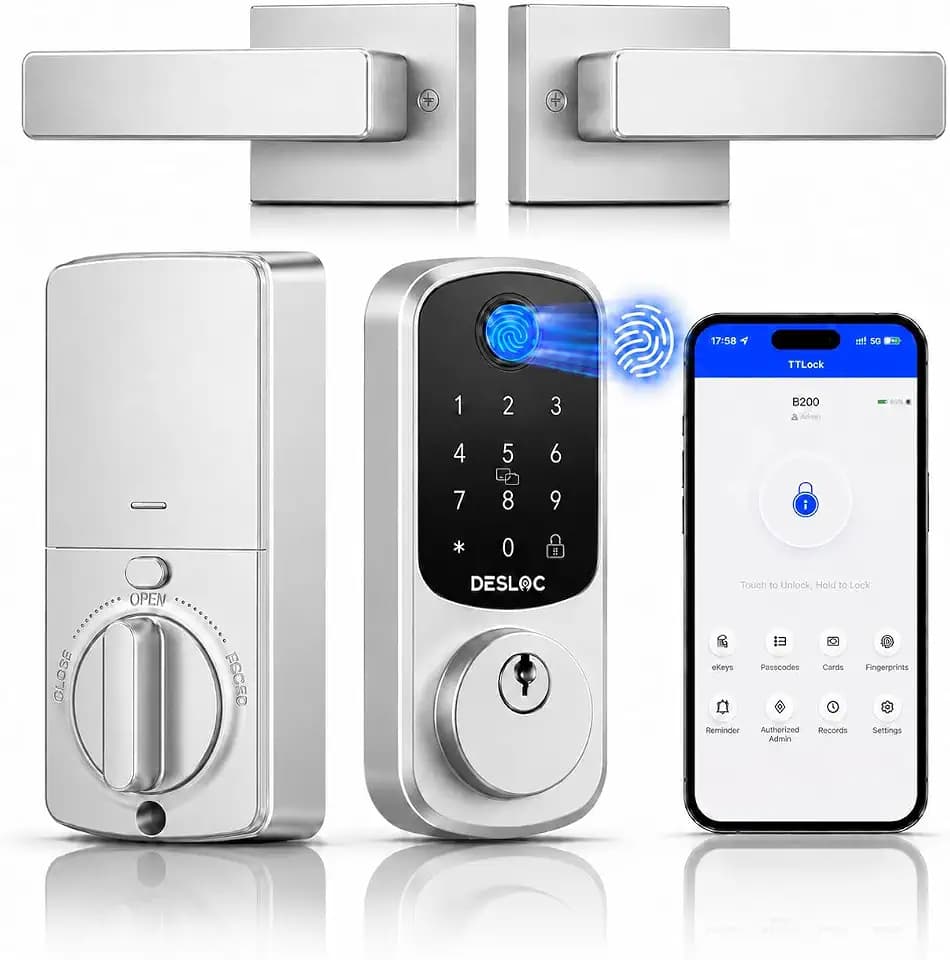 DESLOC B200 Fingerprint Smart Lock with 2 Lever Handles Set,Front Door Lock