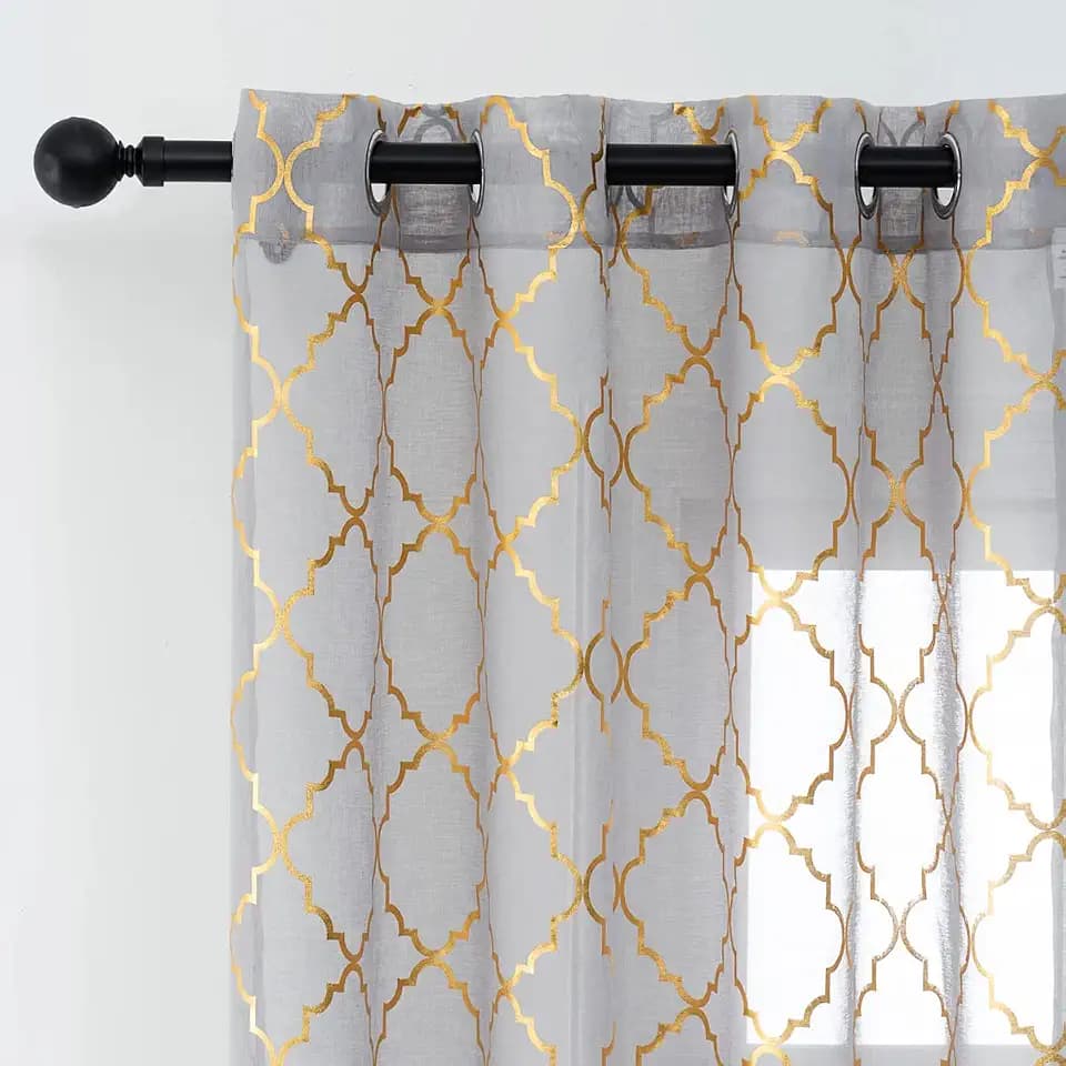 Kotile Durchsichtige Vorhänge mit Gittermuster, 244,6 cm Länge – Goldfolien-Druck, marokkanische durchsichtige für Schlafzimmer, graue Gittervorhänge Esszimmer, 132,2 x cm, 2 Paneele, grau