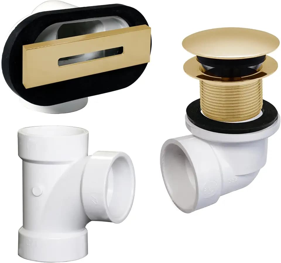 Westbrass D560RK-01 SCH. 40 PVC 1-1/2" Coarse Thread Plumber's Pack Tip-Toe Bathtub Drain Plug with Linear Overflow Faceplate, Tee & Elbows, Polished Brass