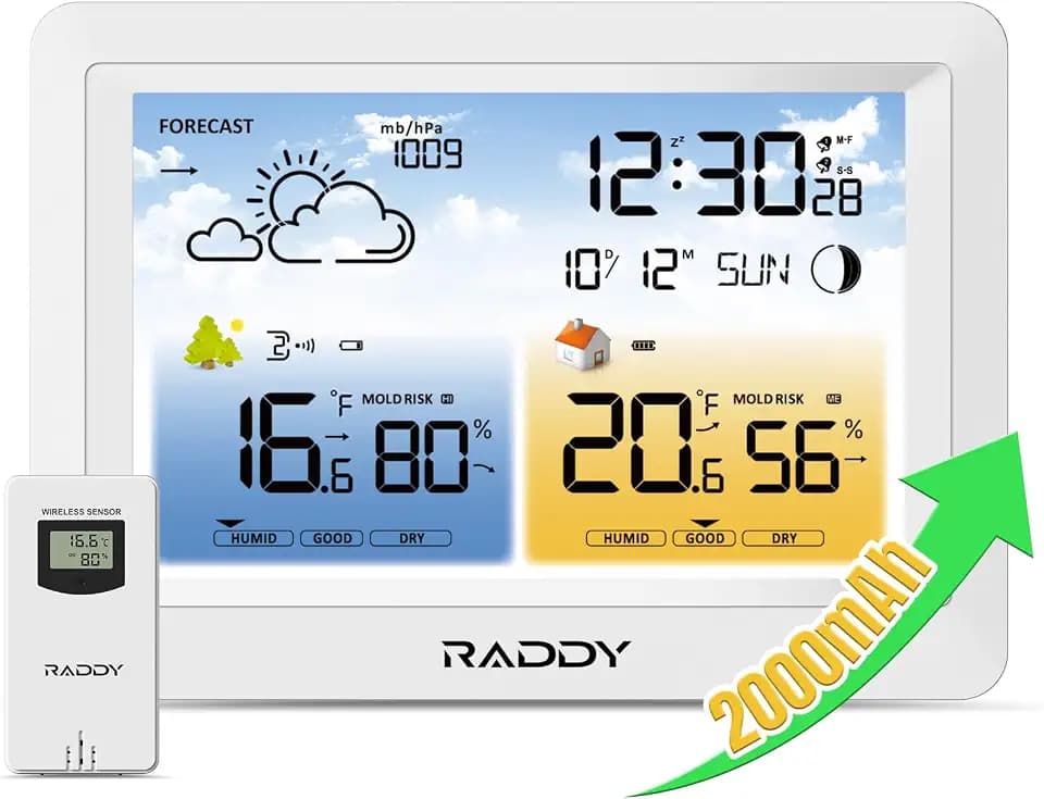 Raddy WM6 Wireless Weather Station, Rechargeable Battery Console