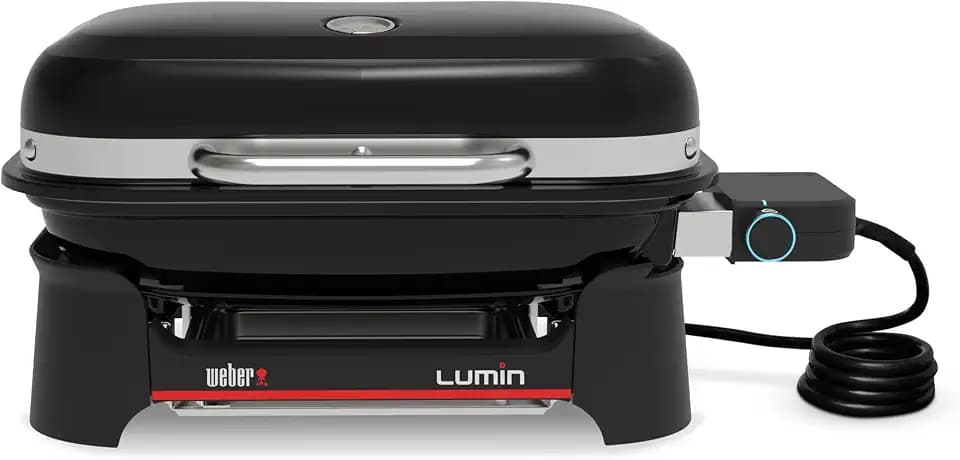 Weber Lumin Compact Tragbarer Kompakter Elektrogrill, Bis zu 315 °C, mit Deckelthermometer, Porzellanemaillierte Gusseisenroste, 43 x 32 cm Grillfläche, Schwarz (1502044)