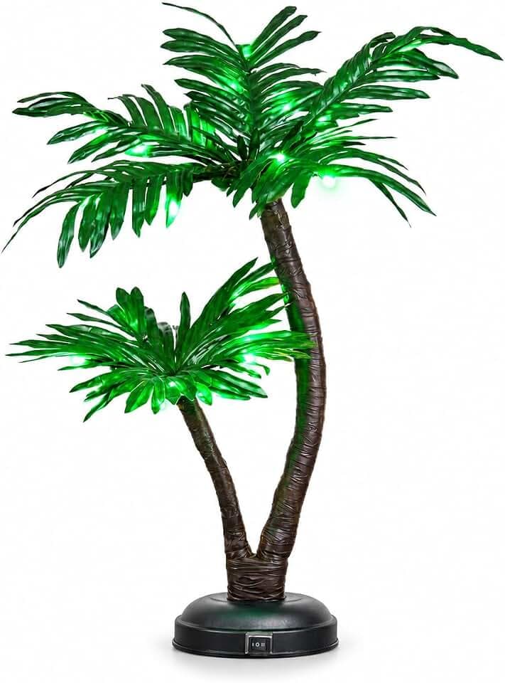 24" Lighted Palm Tree Decor, Tropical Tabletop LED Palm Tree Light with 25 Green LEDs, Battery Powered & Low Voltage Input, 6H Timer, Frosted Metal Base for Tiki Bar, Party, Bedroom