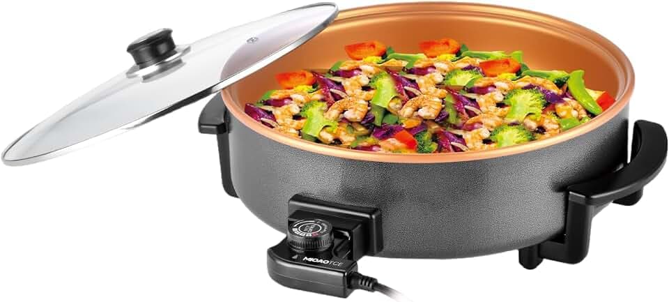 14" Large Electric Skillet with lid, Nonstick Coating Electric Frying Pan, 1500W Quick & Even Heating, 5 Adjustable Temperature Control, Tempered Glass Lid & Cool-Touch Handles
