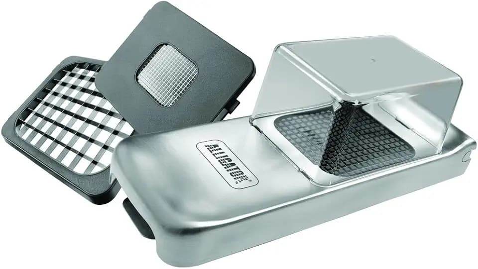 ALLIGATOR 3093 - Edelstahl-Multifunktionsschneider Mit Auffangbox - Gemüse- Zwiebel- und Pommesschneider - 3 Austauschbare Klingen - 3x3 mm 6x6 mm & 12x12 mm - BPA-frei