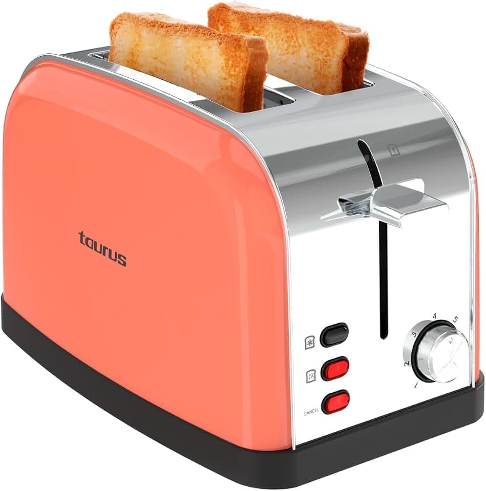 Taurus – Toaster Vintage II Coral 950 W | 2 Schlitze 135x35 mm | 7 Bräunungsstufen | 3 Funktionen | Edelstahlgehäuse | Selbstzentrierung | Krümelschublade | Kabelaufwicklung | Koralle