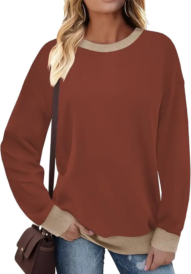Cuptacc Pullover Damen Sweatshirt Langarm Rundhals Kontrast Langarmshirt