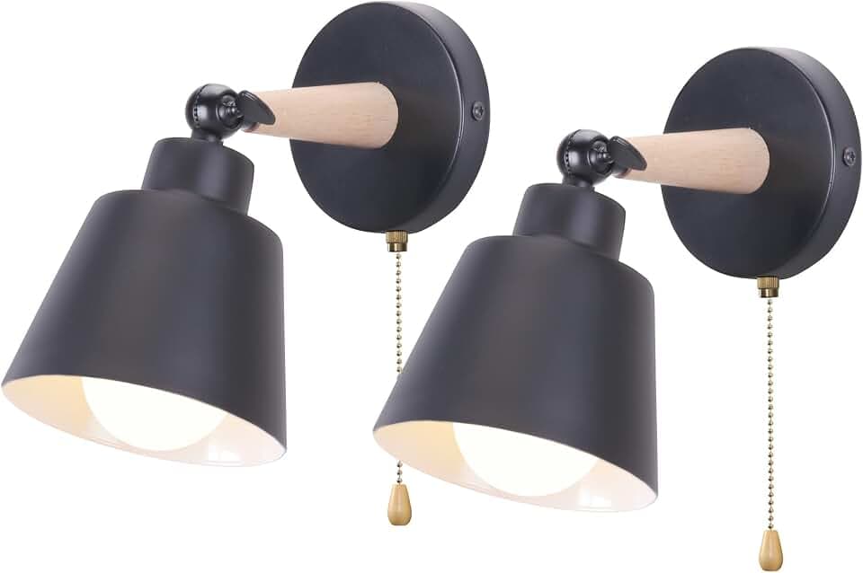 iDEGU 2er Set Wandleuchten Innen Retro Wandlampe aus Holz und Metall mit Schalter Verstellbar Wandspot LED E27 Moderne Wandleuchte für Schlafzimmer Flur Eingang Wohnzimmer (Schwarz)