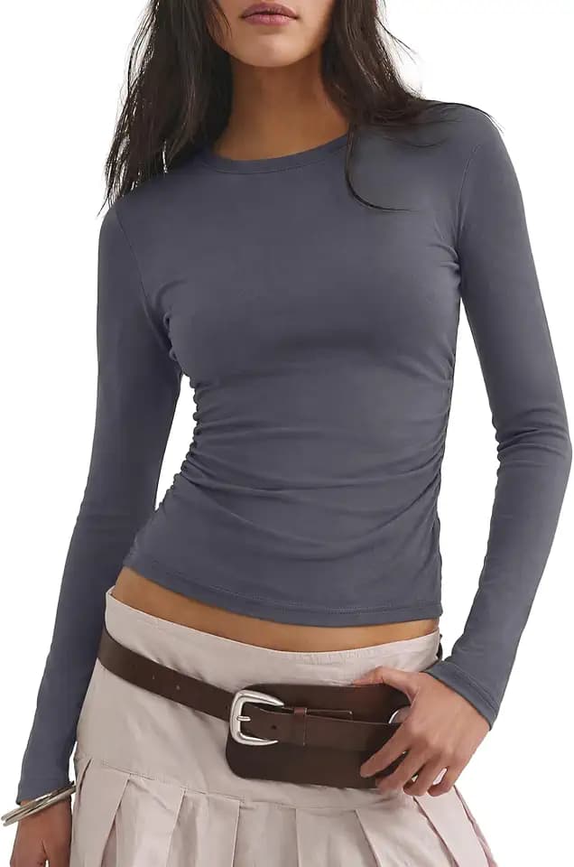 Darong Womens Long Sleeve Basic Shirt Crew Neck Ruched Fitted Fall Tops