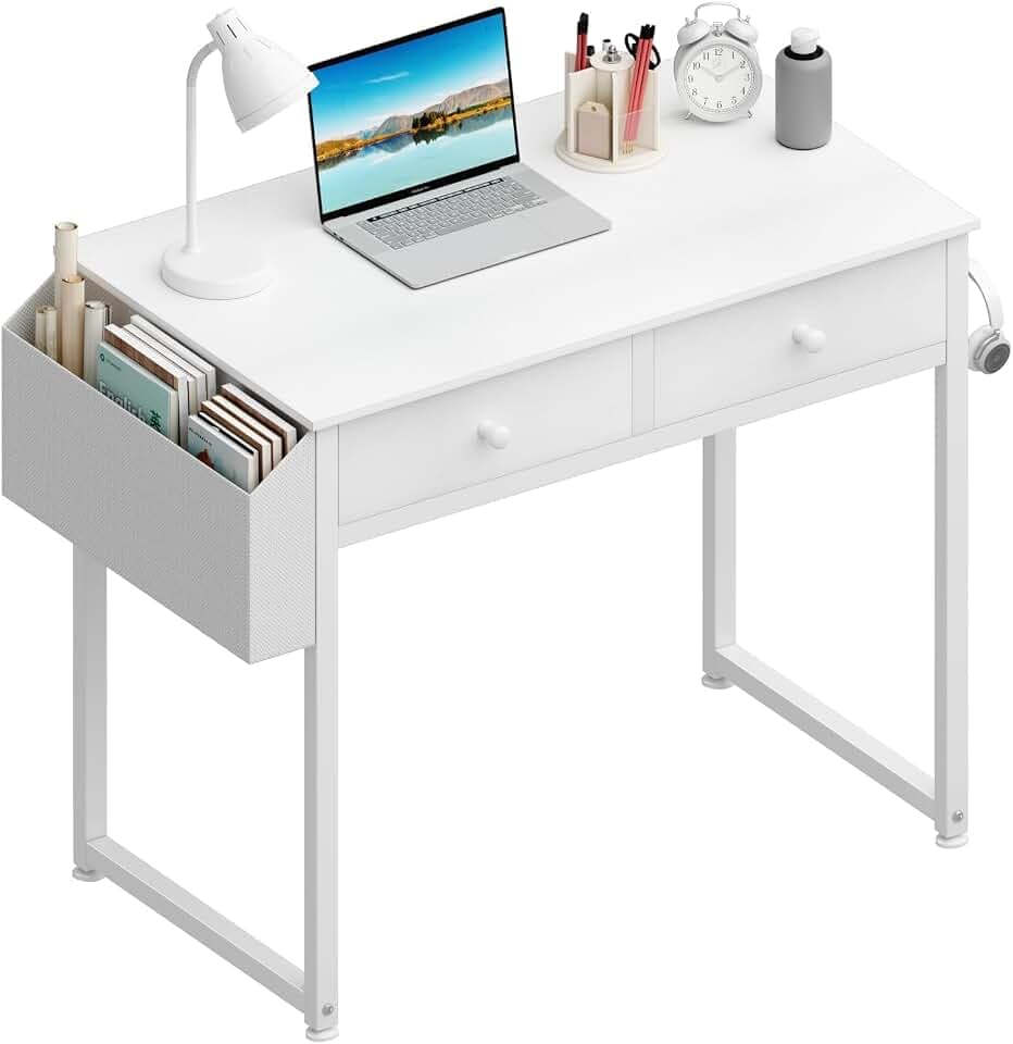 Lufeiya Schreibtisch weiß mit 2 Schubladen,Schreibtisch Klein mit Stauraum Computertisch für Büro HomeOffice 80x40x79 cm