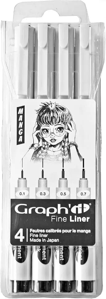 Graph'it - Packung mit 4 Filzstiften mit kalibrierter Spitze – Fine Liner – Pigmentierte Tinte auf Wasserbasis – lichtecht und scheuerbeständig – Manga-Schwarz Sortiment 0,1 – 0,3 – 0,5 – 0,7