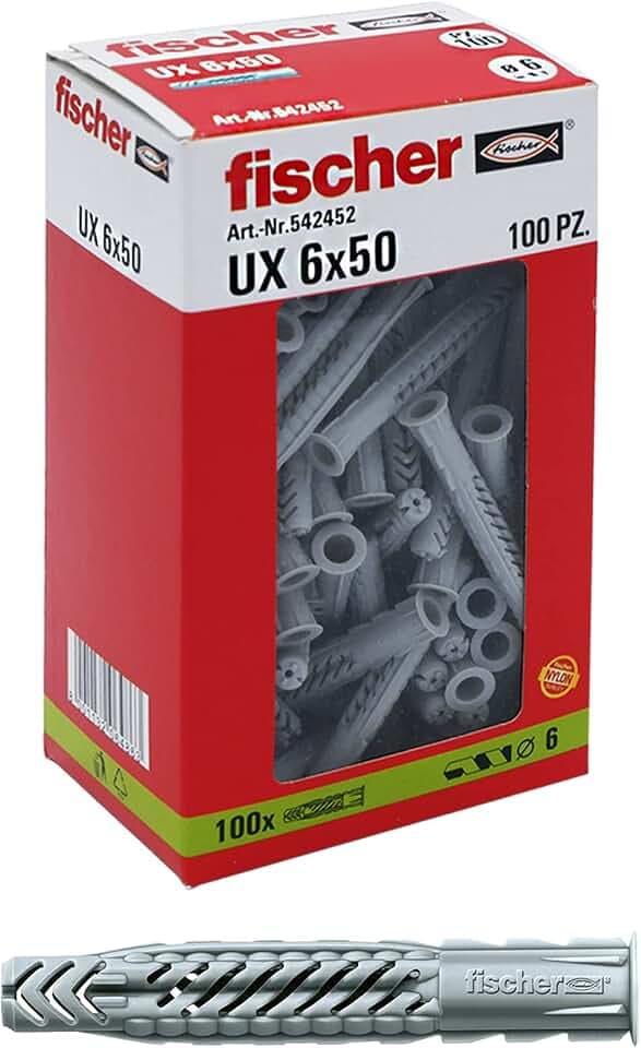 Fischer 100 Dübel UX, 6 x 50 mm, für Mauer, Lochziegel, Gipskarton, 542452