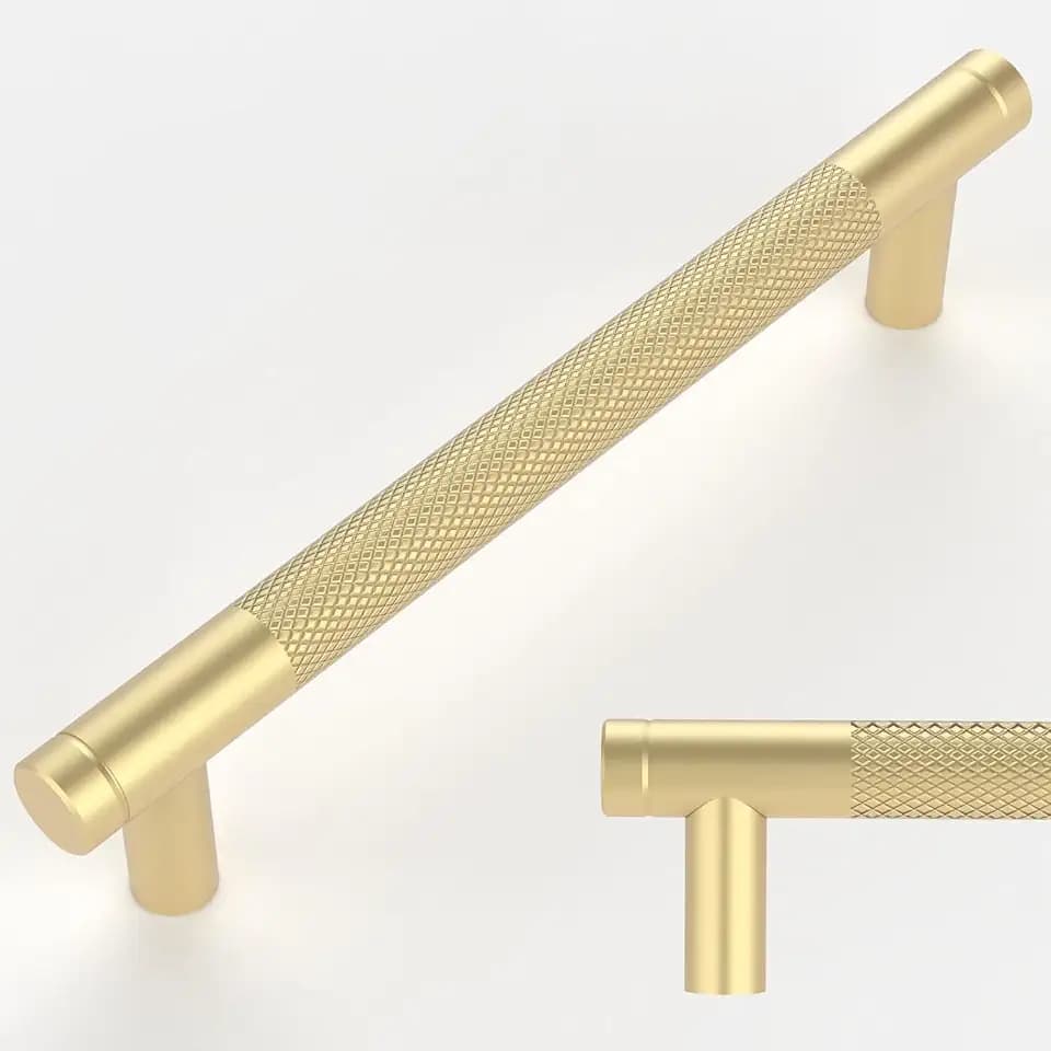Amerdeco 10 Stück Gold Gerändelte Schrankgriffe 160mm Lochabstand, Aluminium Griffe für Küchenschränke & Möbelgriffe für Schubladen