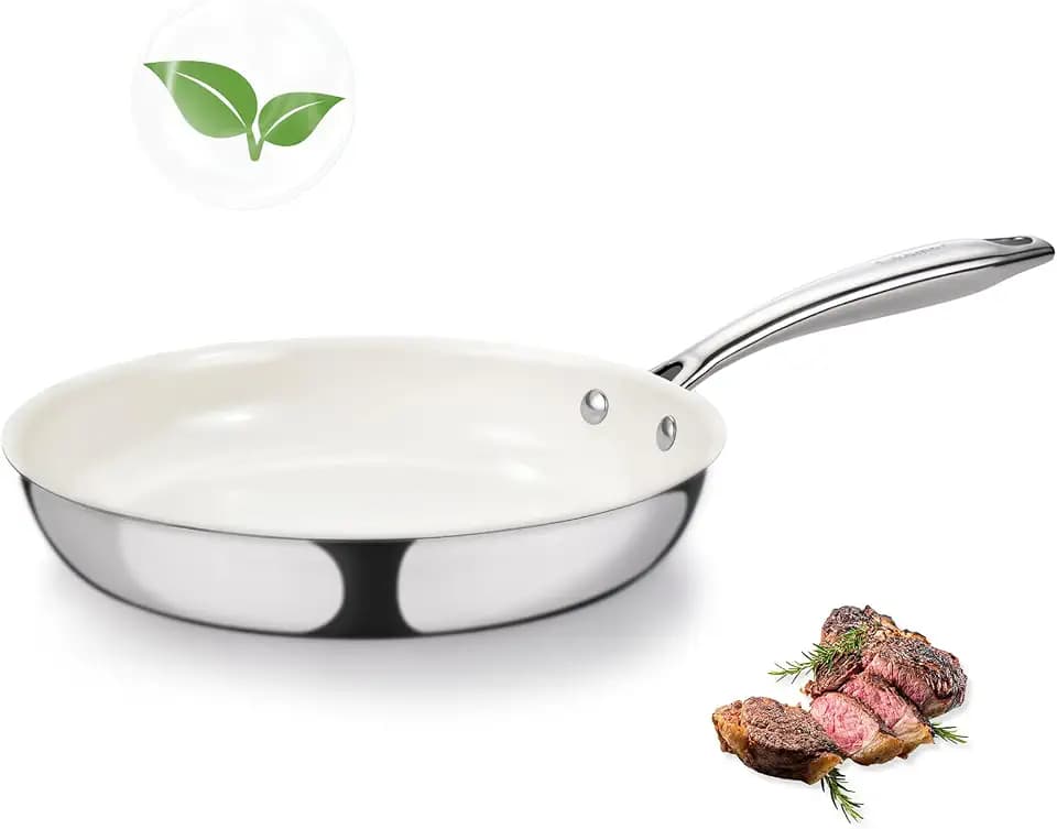 SAKAMOSH 8" Nonstick Ceramic Frying Pan, Tri-Ply Stainless Steel, White
