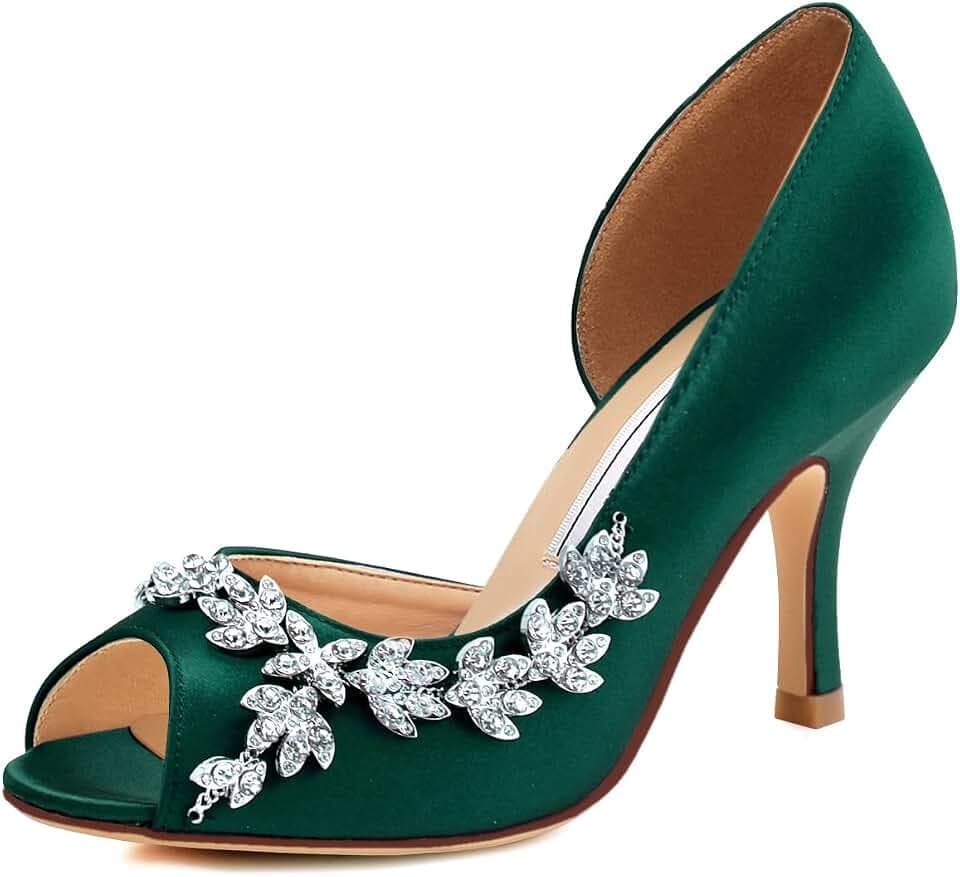 ELEGANTPARK Peep Toe Heels for Women, Satin Rhinestones Dress Wedding Shoes