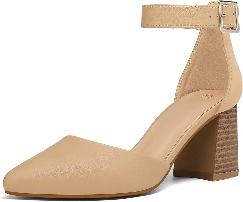 mysoft Women's Pointed Toe Pumps Ankle Strap Chunky Block Heel Dress Shoes