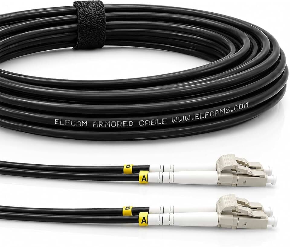 Elfcam® - 10m/32.8ft Outdoor and Indoor Shielded Armored Fiber Optic Cable LC/UPC to LC/UPC OM3 Multimode Duplex 50/125μm LSZH, Black (10M)