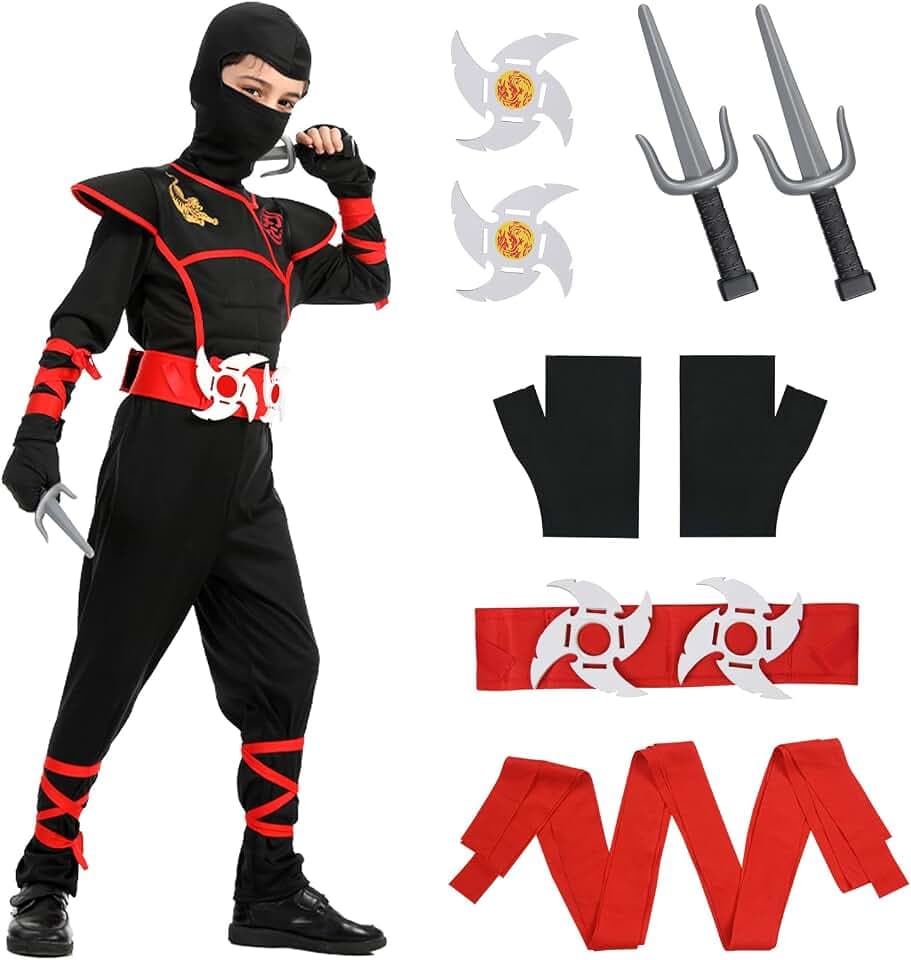Aomig Ninja Kostüm Kinder, 13Pcs Kinderkostüm Ninja Set, Unisex Outfit | Kinderverkleidung Set Anzug Kinder, Cosplay Zubehör Kostüm für Halloween Verkleidung Karneval Party Cosplay