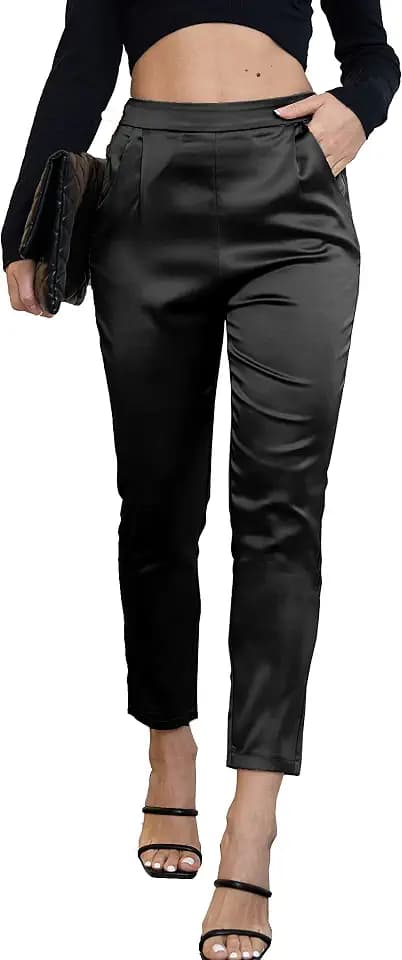 Heipeiwa Damen Satin-Hose, lässig, plissiert, hohe Taille, Hose mit Taschen