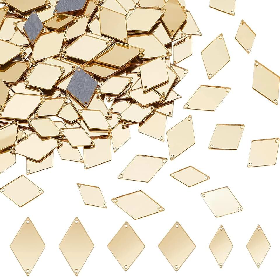 PH PandaHall 300 Stück 3 Größen Aufnähspiegel Rhombus Acrylspiegel DIY Verspiegelte Spiegelstück Lose Perlenglieder Mit 2 Loch Für Kostüm Tanzparty Kleid Kleidungsstück Golden