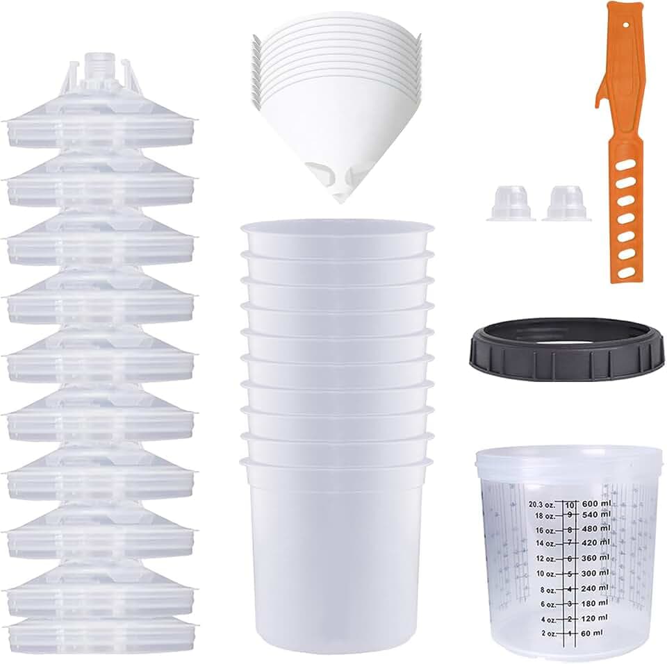 Einweg Farbmischbecher 600ml Set, Farbspritzpistole Mischbecher, für HVLP und LVLP Farbspritzpistolen mit 10 Bechern und Deckeln, 1 Hartbecher mit 2 Haltering und 10 Papiertrichter(600ML-10PCS)