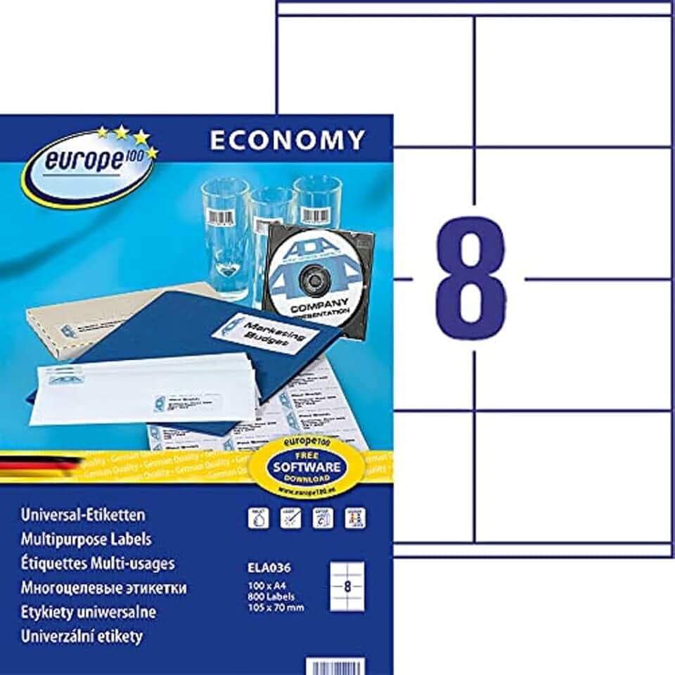 Europe 100 Selbstklebende Etiketten, weiß, personalisierbar, 105 x 70 mm, 800 Stück – Laser-, Tintenstrahl- und Kopierdrucker