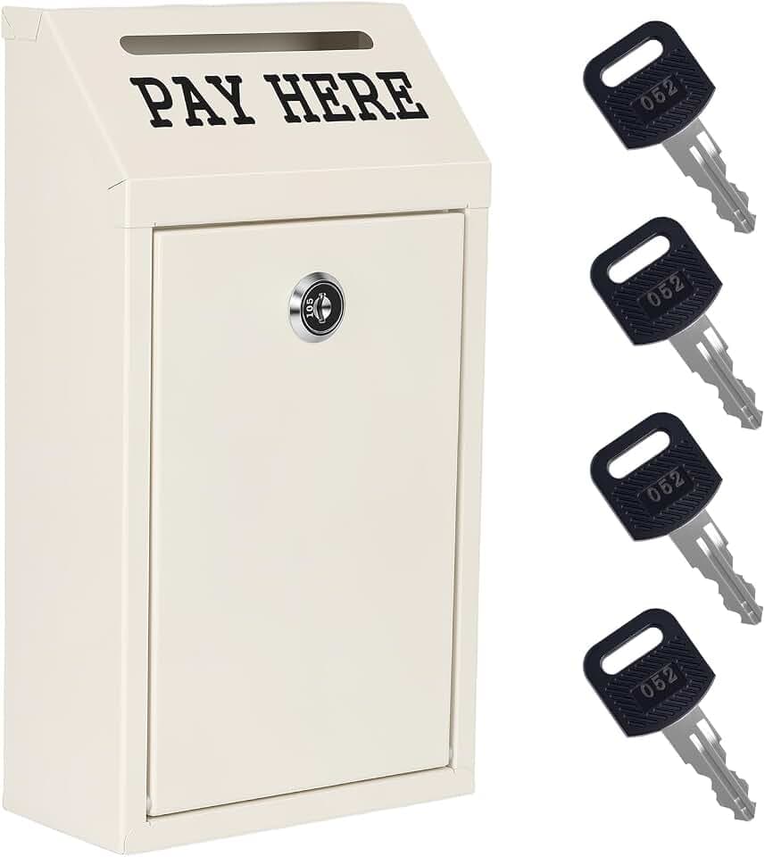 Sumerfnt Money Cash Drop Box Wall Mount, Metal Donation Box with Lock and Slot, Money Collection for Farm Stand, Self-Serve, Tips, Fundraising, 10.24" x 5.7" x 2.95", 4 Keys, Beige