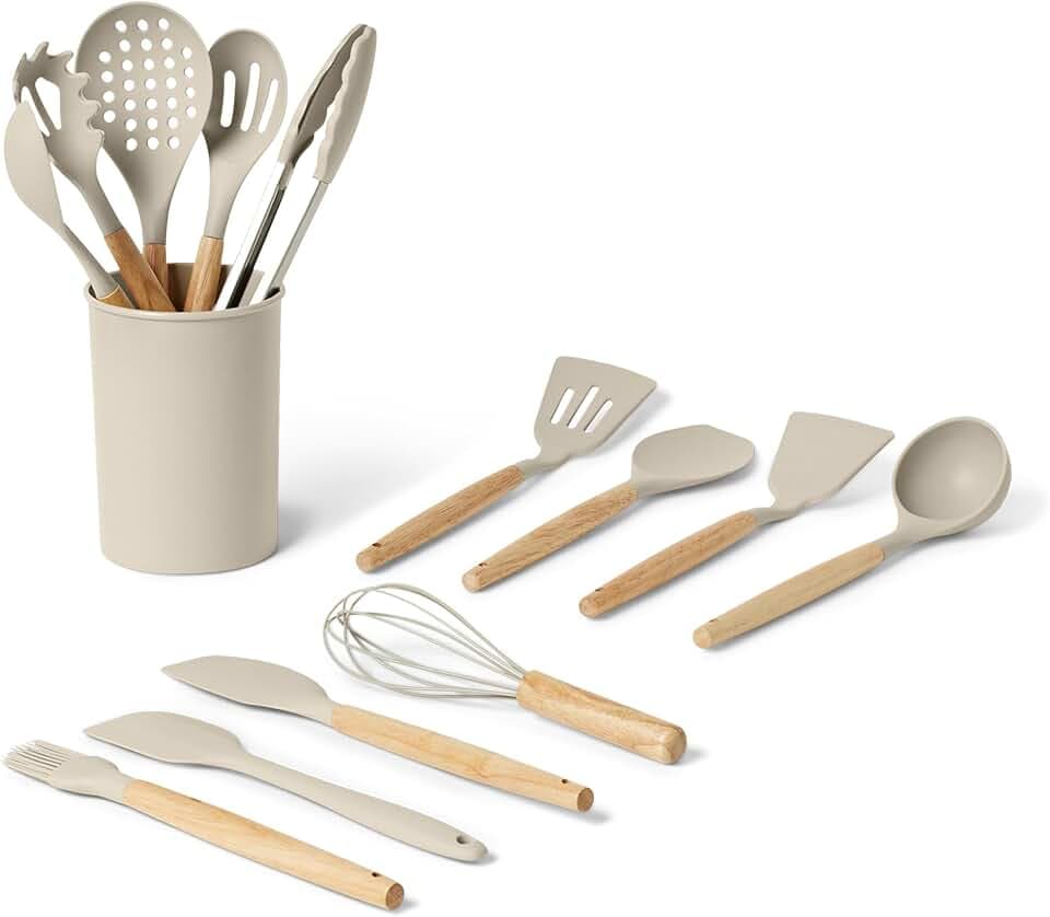 Amazon Basics Kitchen Utensils Set, 14-Piece Silicone Cooking Utensils with Wooden Handles, BPA-Free, Utensil Holder Included, Linen Gray