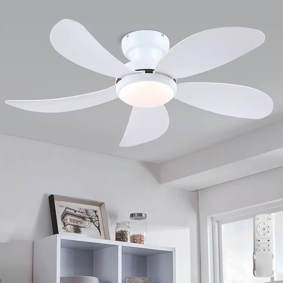 Kviflon 106 cm Deckenventilator mit LED und Fernbedienung, Weiß - Niedrigprofil-Deckenventilator & reversierbarer DC-Motor, 3 dimmbare Lichtfarben, 6 Geschwindigkeiten, Moderne Innenausstattung