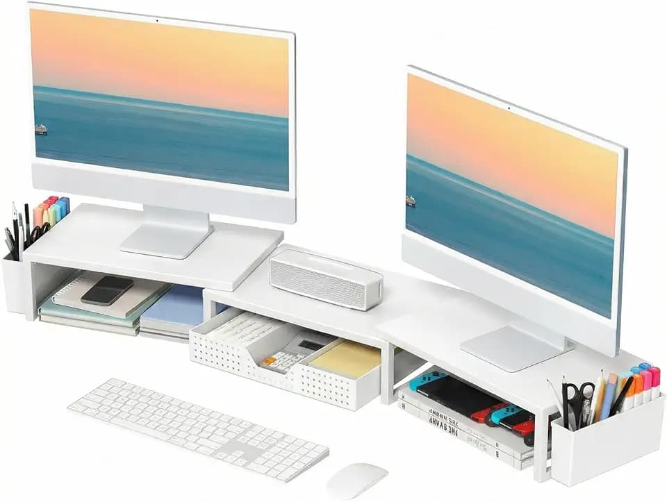 OPNICE Desk Organizers and Accessories, Dual Monitor Stand Riser with Drawer and 2 Pen Holders, Desk Shelf Computer Racks & Printer Stand for Office Workspace Organizers, Desktop Organization (White)
