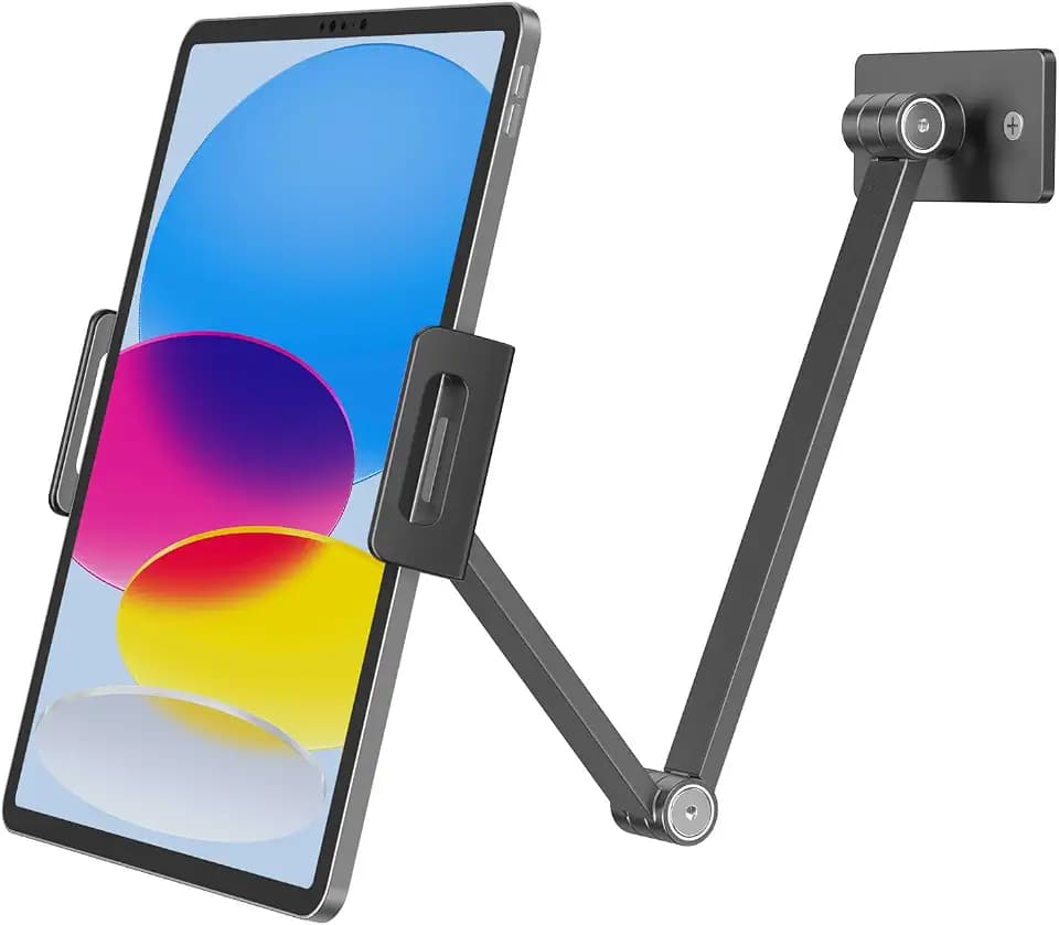 BEWISER Tablet Wall Mount Holder,360° Rotating Flexibly, Height and Angle Adjustable, Folding Aluminium Alloy Long Arm Compatible with4.7-12.9" Phone and Tablet in Kitchen or Office (Space Grey)…