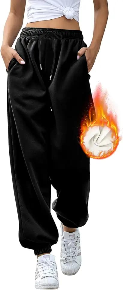 EBANKU Damen Jogginghose mit Sherpa Futter Thermo Fleece Futter Jogginghose mit Taschen, Warmer Dicker Trainingsanzug für Freizeit Fitnessstudio und Joggen