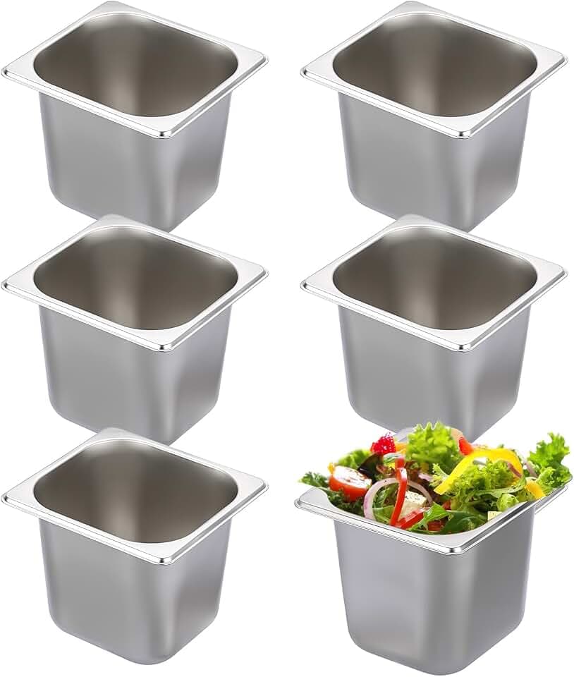BSTKEY 6 Pack 1/6 Size 6 Inch Deep Hotel Pan, Stainless Steel Steam Table Pans, Stackable Catering Metal Pan Commercial Food Pans for Kitchen Restaurant Buffet Party Supplies