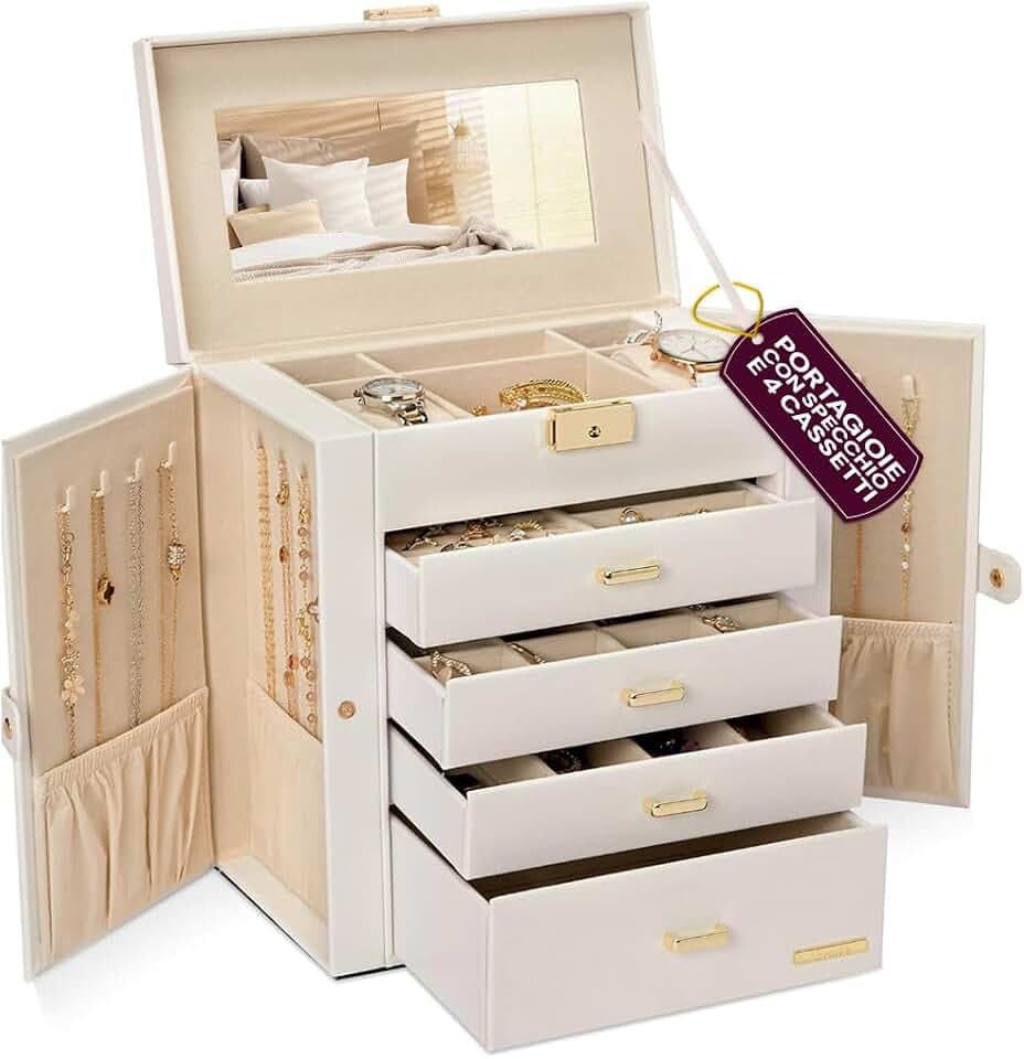 Avilia - Schmuckkästchen mit Spiegel und 4 Schubladen für Damen im modernen Stil, geräumiger und kratzfester Schmuckständer mit verstellbaren Fächern, ideal als elegante und funktionale Geschenkidee