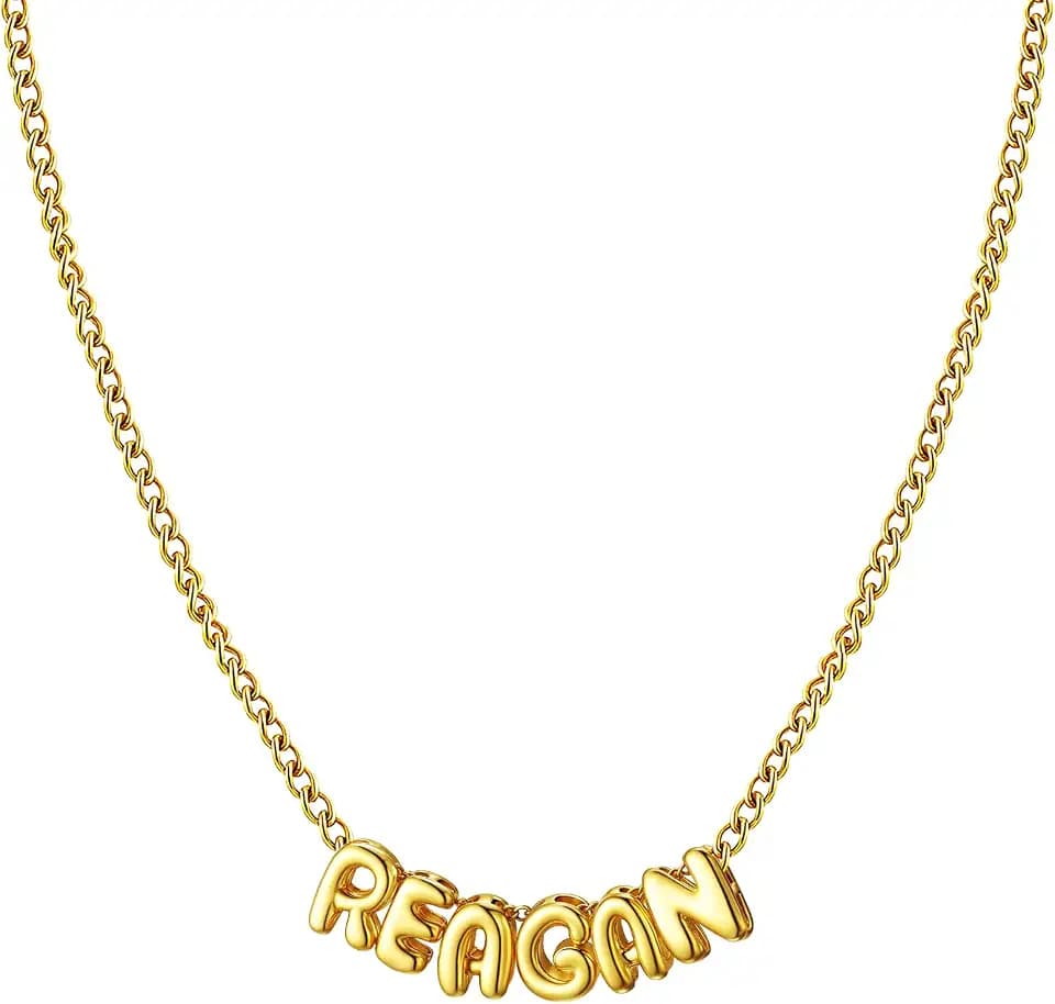 Ldurian Personalized Bubble Name Necklace, Tiny Name Plate Pendant Necklace, 14K Gold Plated Charm Cute Pre-made Jewelry for Women