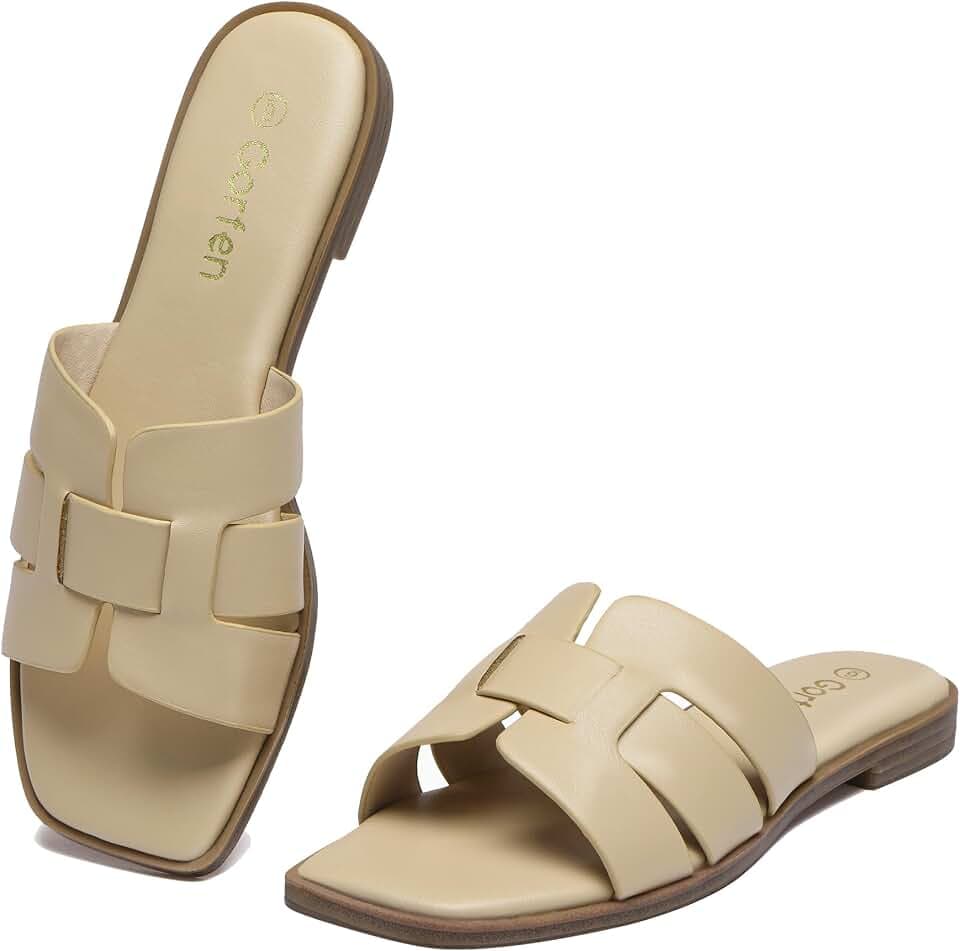 Women's Flat Sandals Comfortable Square Toe Slip On Slide Sandals