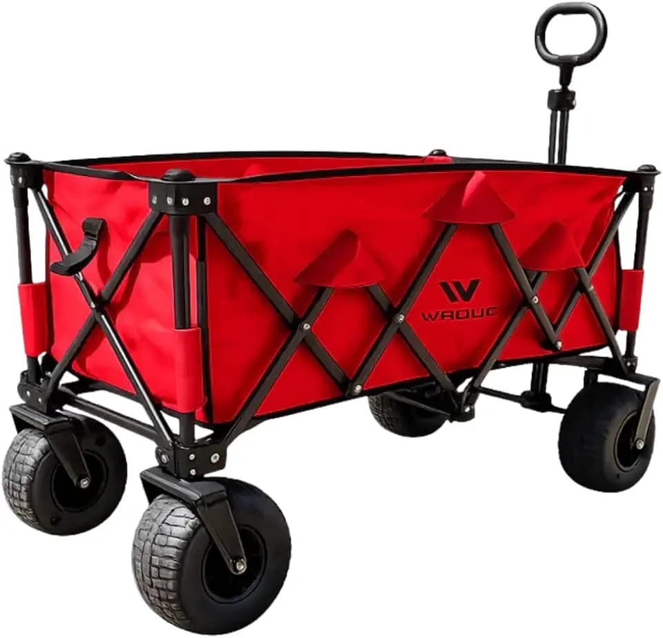 Folding Utility Wagon Cart, Tires for Sand Heavy, Duty Beach Garden Cart with Sand Wheels (Red)