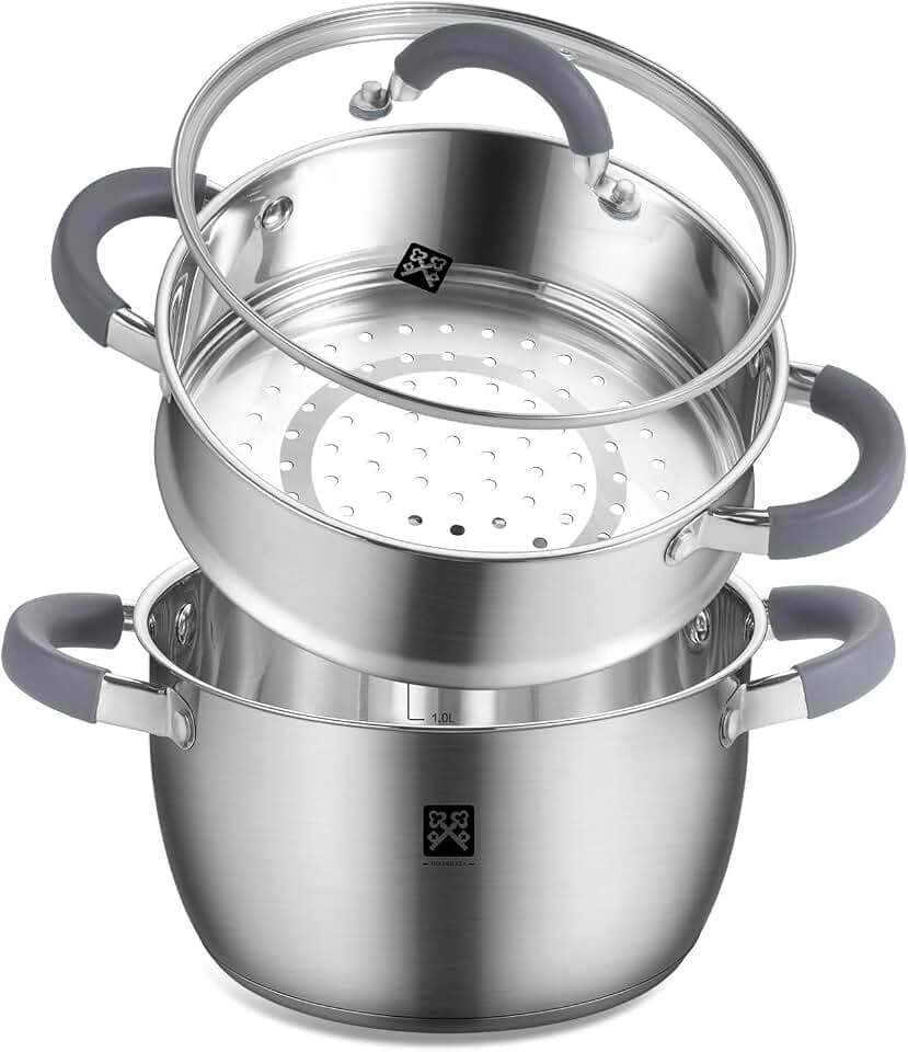 Dampfgarer 20 cm mit Glasdeckel, Dampftopf Edelstahl Induktion 3L Inklusive Dampfkorb,Steamer Pot 2 Tier Kartoffeldämpfer Couscous Topf geeignet für Gemüse, Suppen, Knödel,ofen und spülmaschinenfest