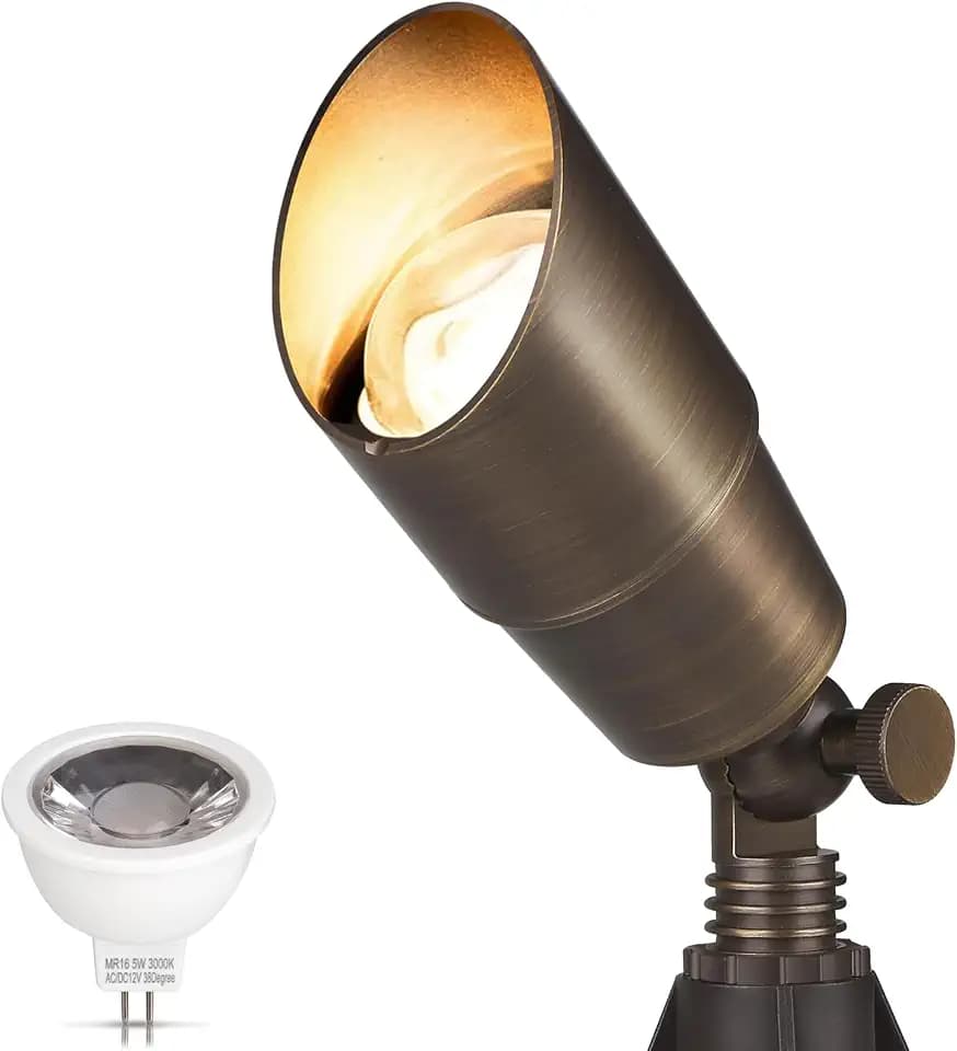 Gardencoin Solid Brass Outdoor Landscape Spotlights, 12V Heavy Duty Low Voltage LED Spot Light Waterproof for Garden and Yard Up Lighting, Bronze Accent Lighting Fixture, with 2700K MR16 Bulb 1 Pack