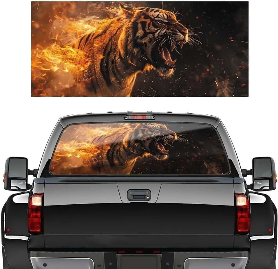 Generic Tiger Truck Rear Window Decal Animal Graphic Perforated Vinyl Sticker, Angry Tiger Car Window Decal Sticker Perforated Window Film Fit Most Pickup Trucks SUV (66""W x 20""H)