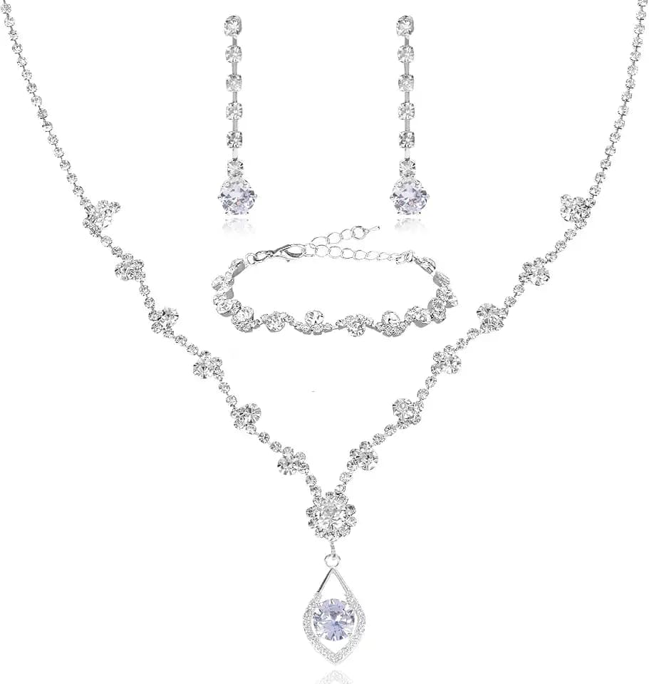 CAVETEE Jewelry Set - Prom Jewelry Crystal Bridal Necklace, Bracelet & Pendant Earring Jewelry Set for Women