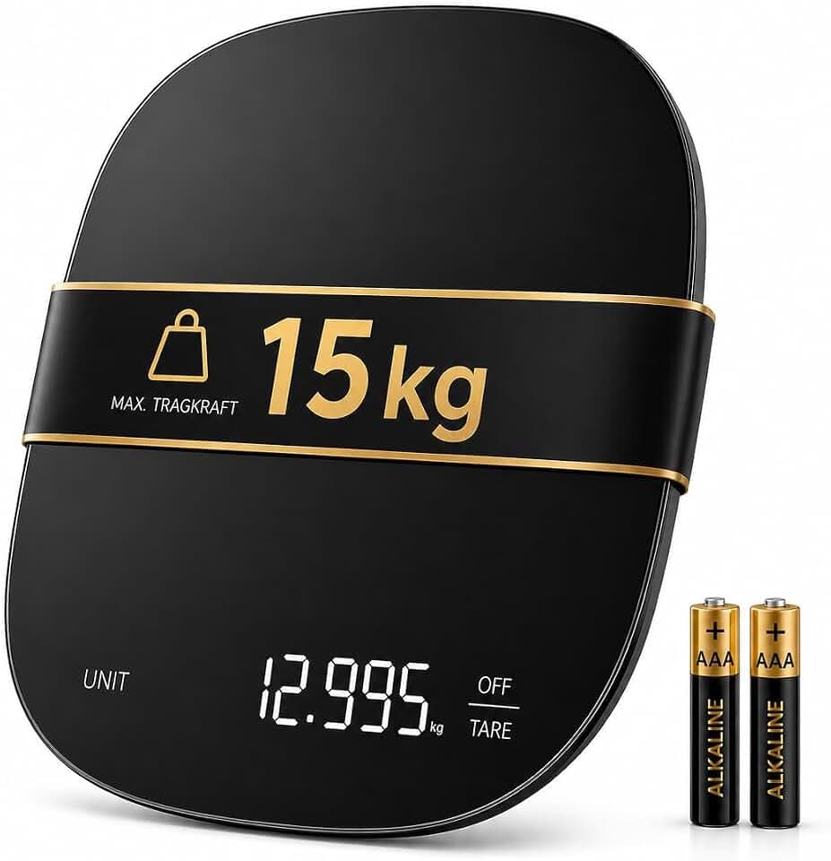 ADE Digitale Küchenwaage mit 15 kg Tragkraft | präzise Grammwaage | Digitale Haushaltswaage und Lebensmittelwaage | Essenswaage, kleine Waage für Küche | Display mit Leuchtziffern | schwarz