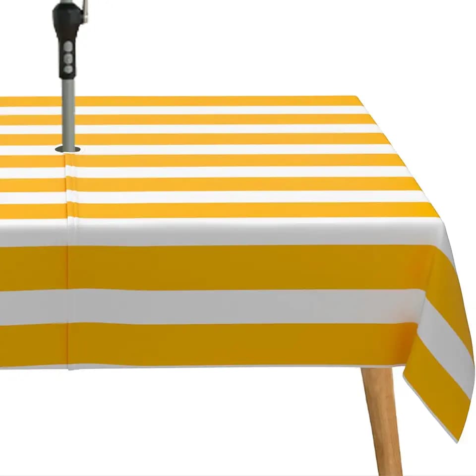 Orange Strip Print Outdoor Tablecloth with Umbrella Hole for Rectangle Table, Waterproof Orange Patio Table Cloth with Zipper - 60 x 120 inches