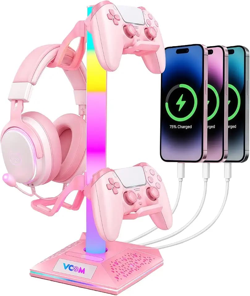VCOM RGB Gaming Headphones Stand with 2 USB Ports, Pink Headset Stand with 10 Light Modes and Non-Slip Rubber, Suitable for PC Desk Accessories Gamers Gift(Pink)