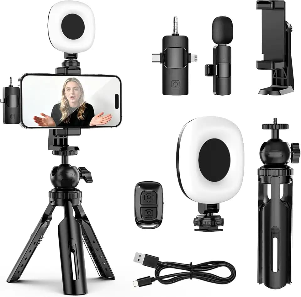 UBeesize Vlogging Kit for iPhone/Android with Wireless Mic, Light & Tripod