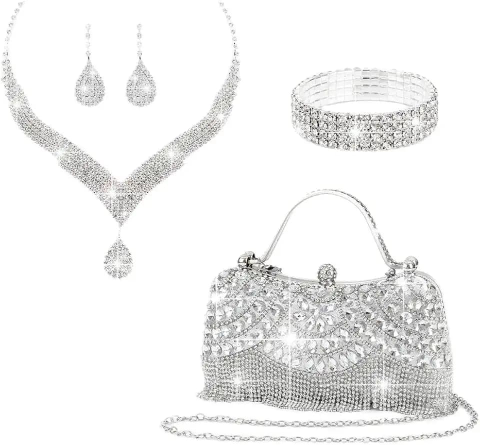 4-piece set of handcrafted fringed diamond-encrusted wedding ladies' crossbody handbag, necklace, earrings, bracelet, dinner bag, party ball bag, birthday and wedding, evening dress bag