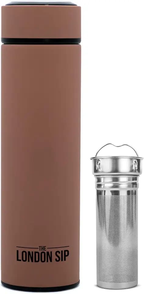 The London Sip 16.9 oz Multi-Purpose Tea Infuser Mug – Fruit Infuser Water Bottle for Hot and Cold – Double Wall Stainless Steel Insulated, Mocha Brown